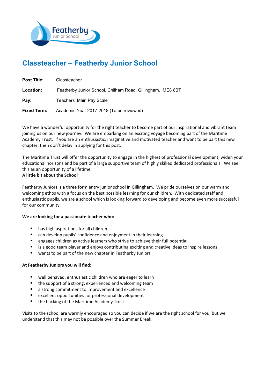 Classteacher Featherby Junior School