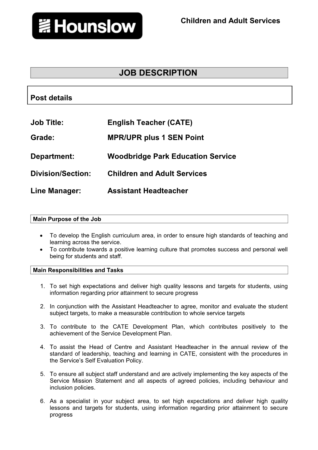 Job Title:English Teacher (CATE)