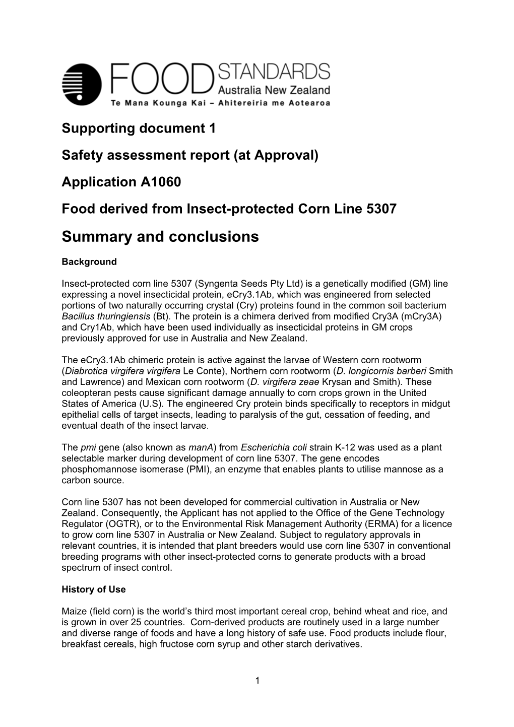 Food Derived from Insect-Protected Corn Line 5307