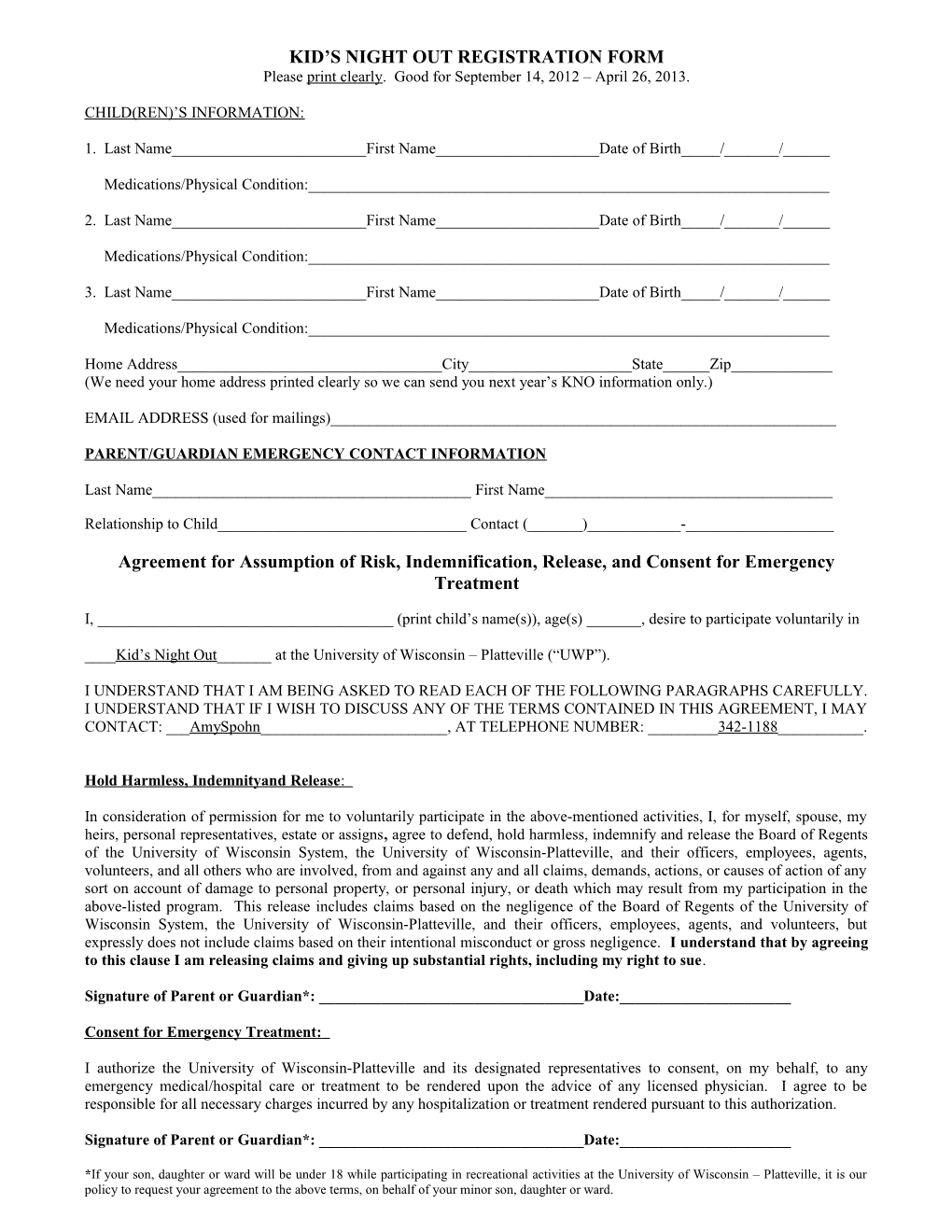 Kid S Night out Registration Form