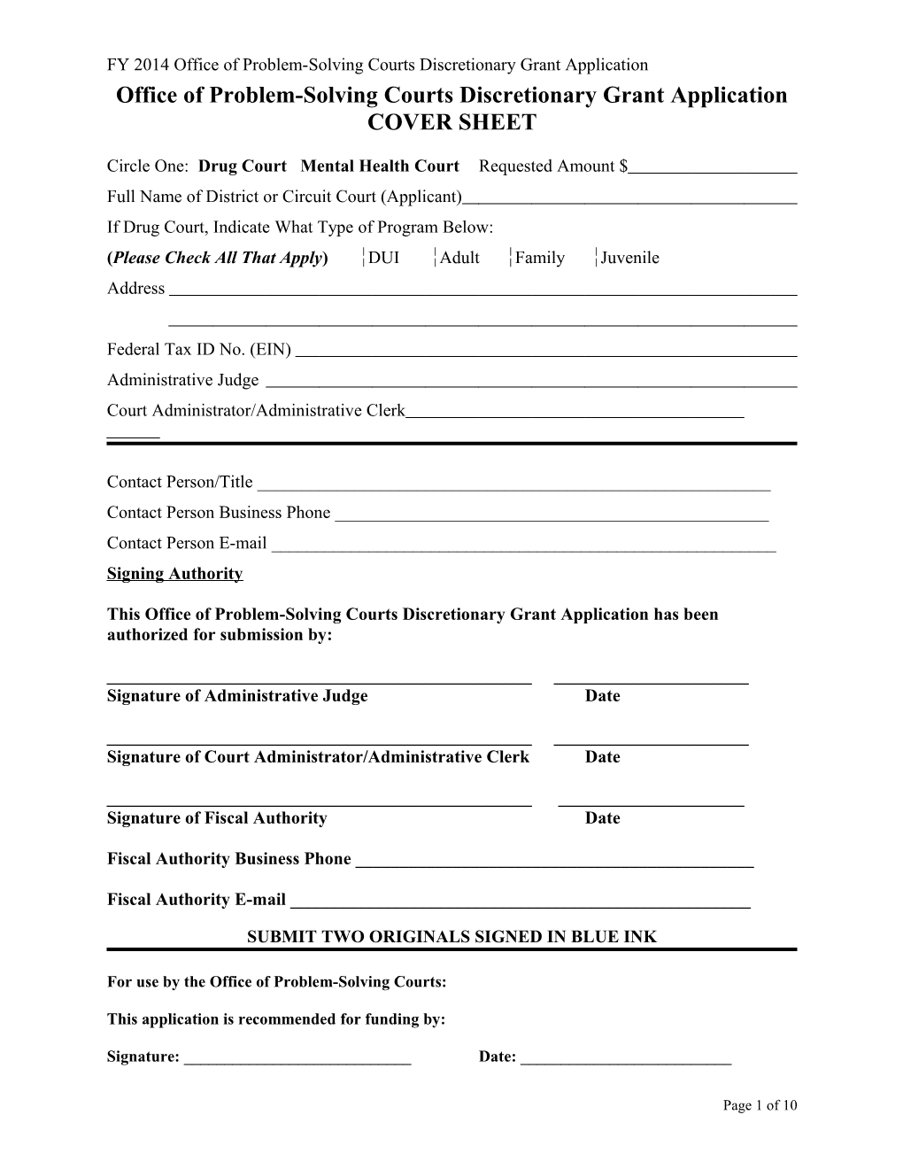 Mental Health Court Grant Application Cover Sheet