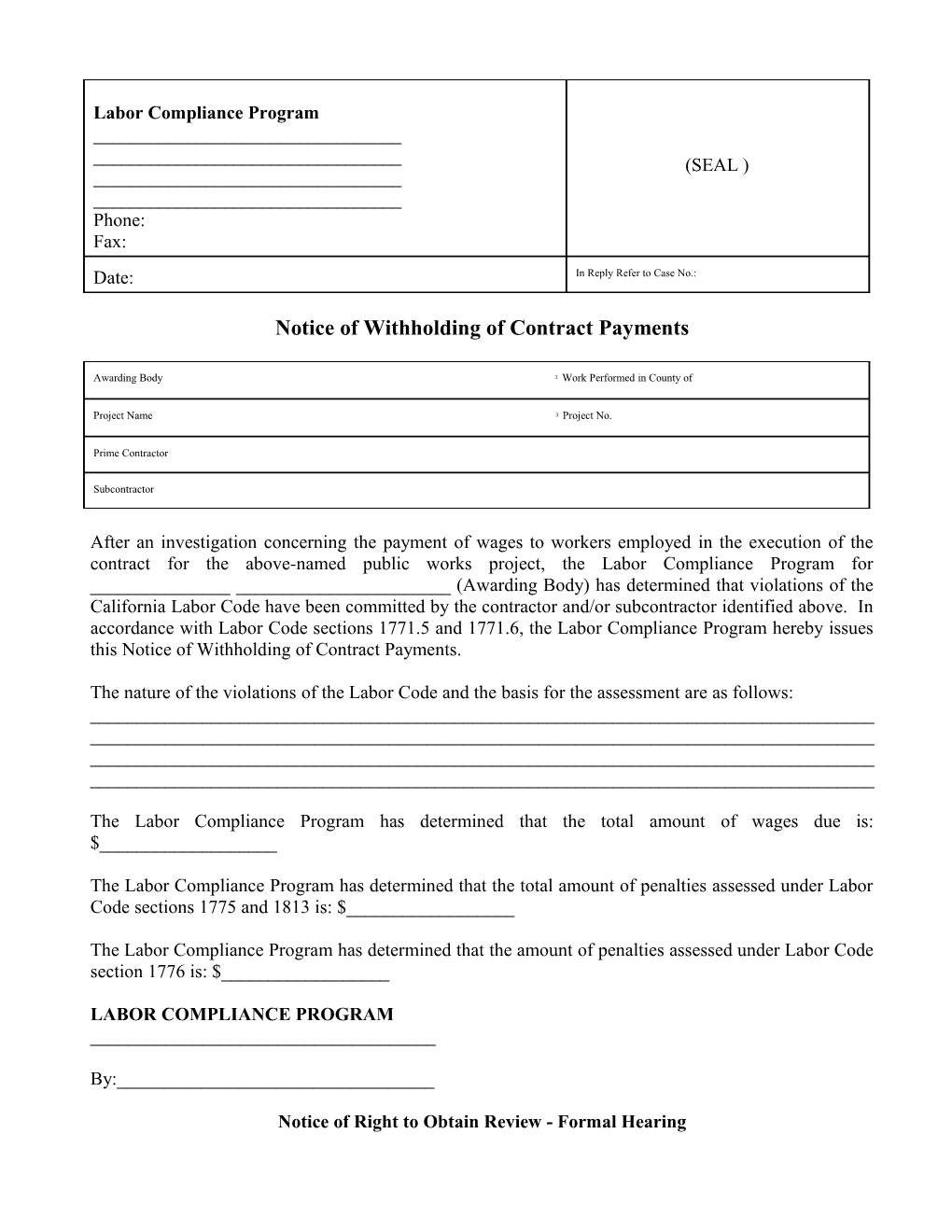 Notice of Withholding of Contract Payments