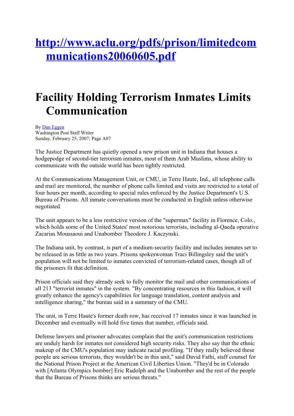 Facility Holding Terrorism Inmates Limits Communication