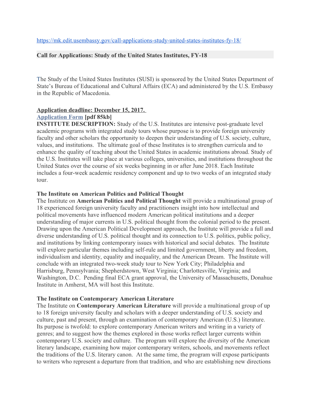 Call for Applications: Study of the United States Institutes, FY-18