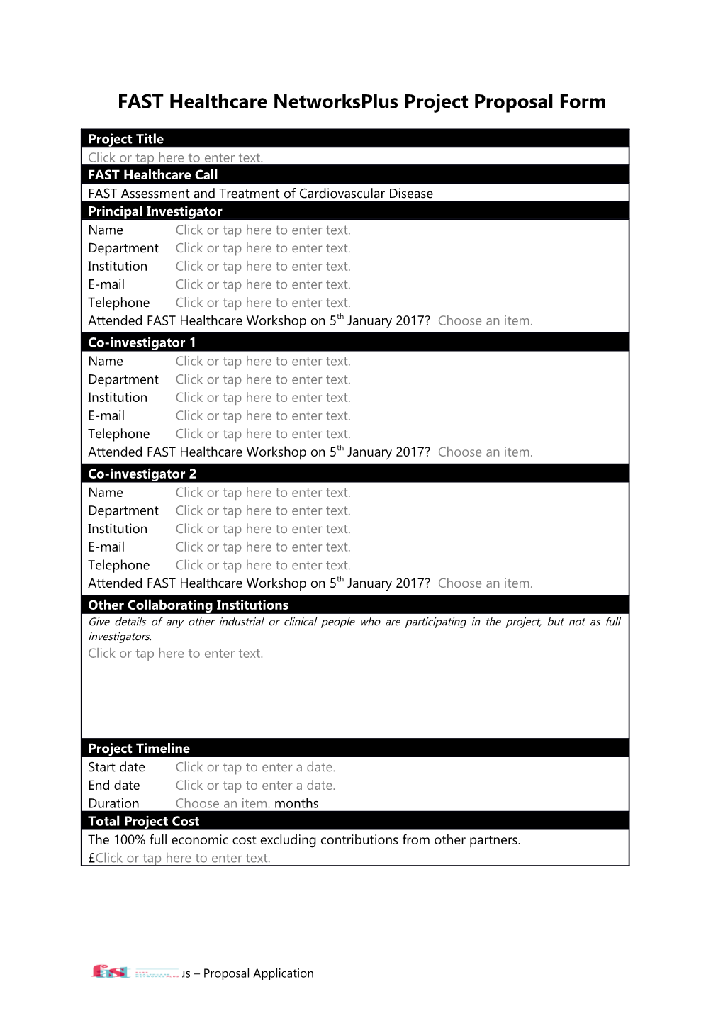 FAST Healthcare Networksplus Project Proposal Form