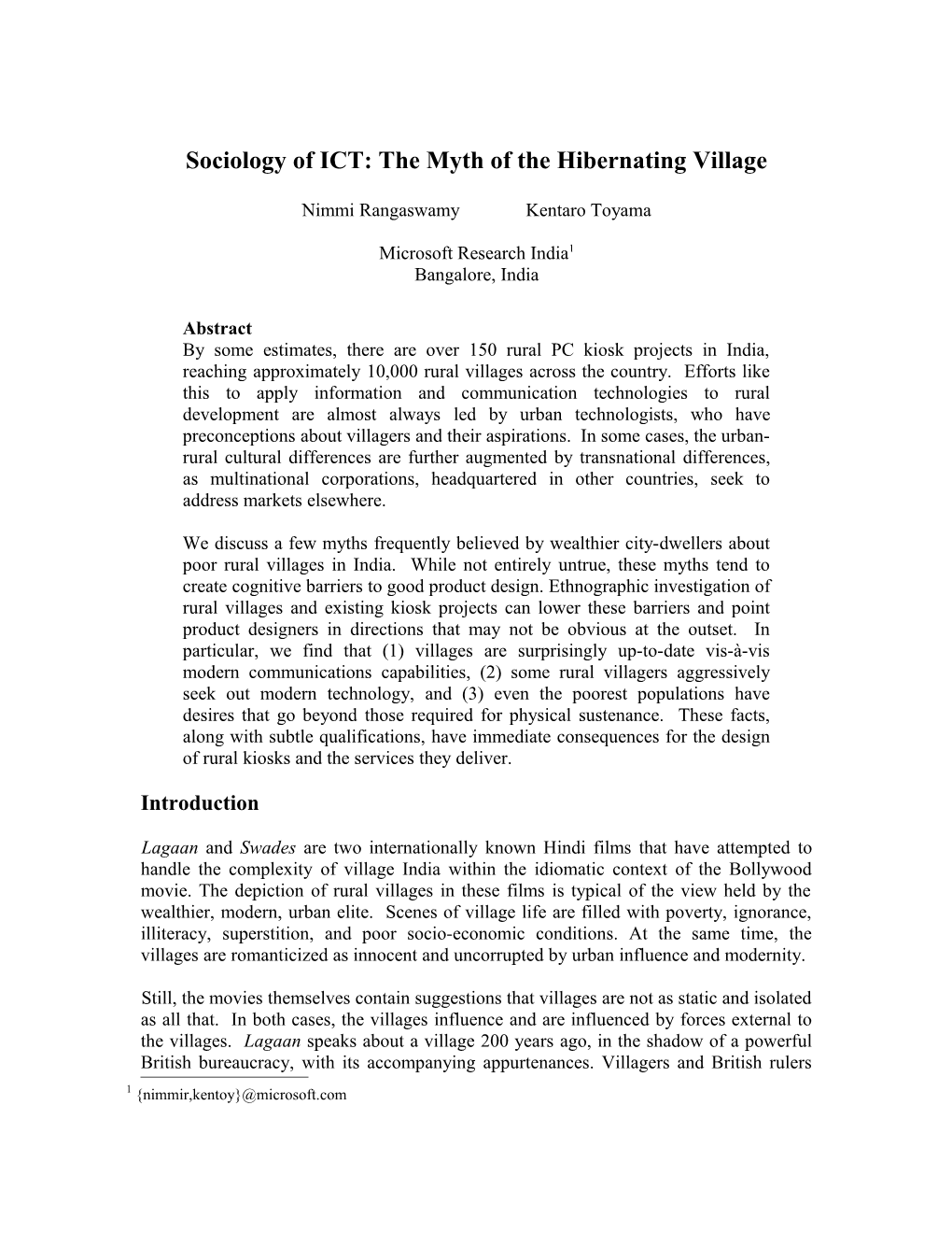Sociology of ICT: the Myth of the Hibernating Village