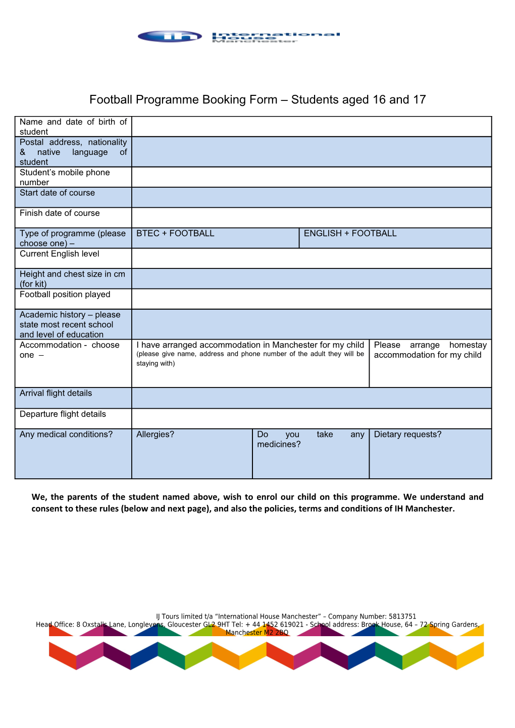 Football Programme Booking Form Students Aged 16 and 17