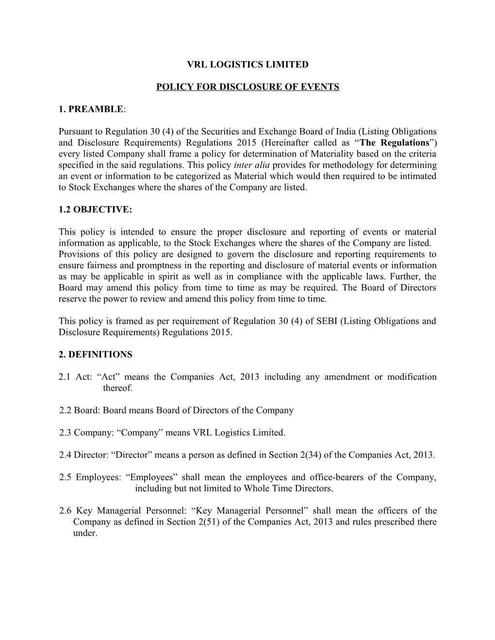Policy for Disclosure of Events