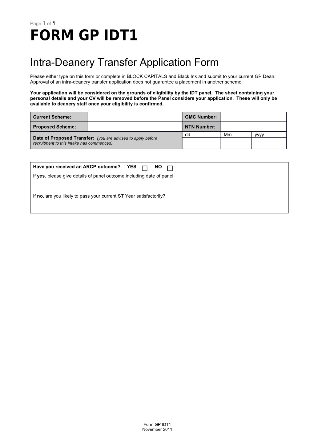 Intra-Deanery Transfer Application Form