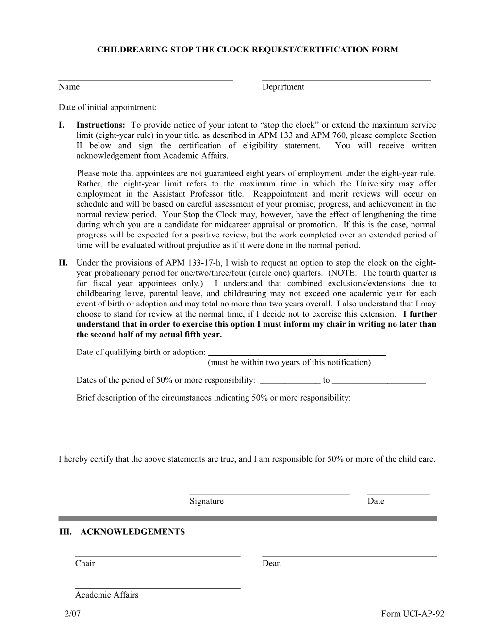 Childrearing Stop the Clock Request/Certification Form