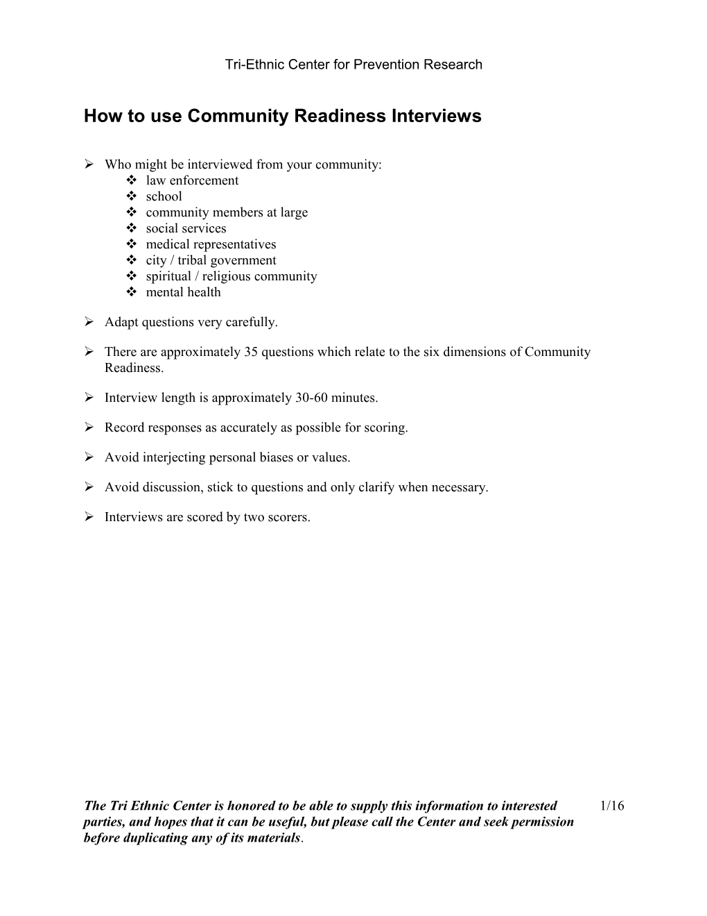 Community Readiness Questions