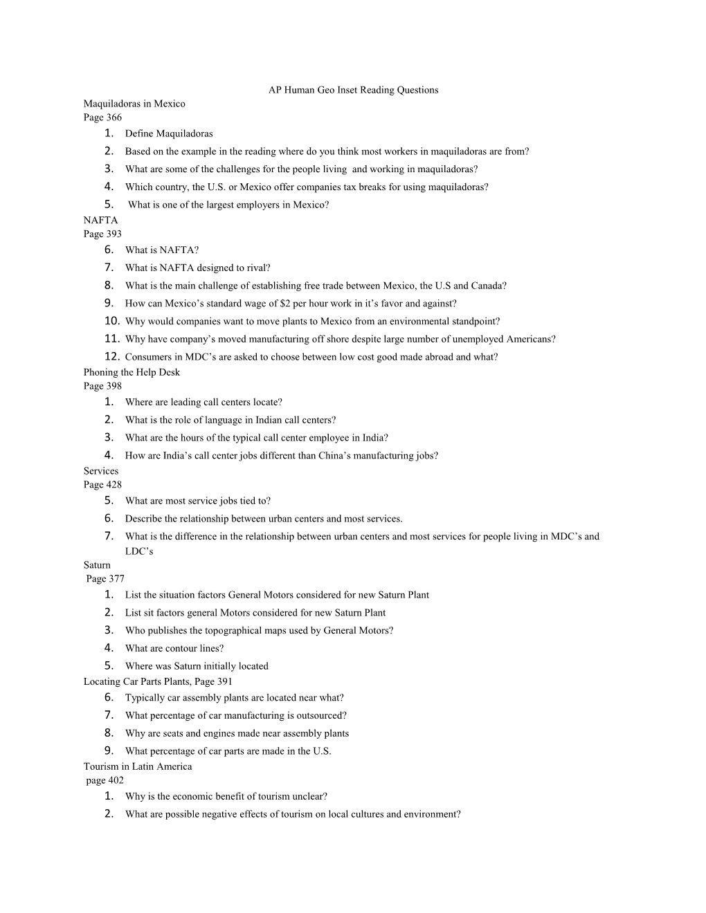 AP Human Geo Inset Reading Questions