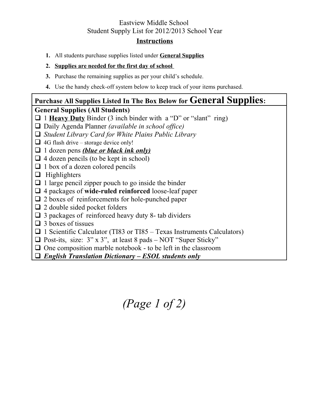 Student Supply List for 2012/2013 School Year
