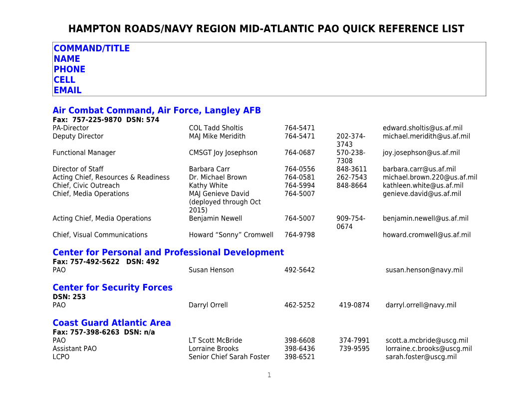 Hampton Roads Pao Quick Reference List