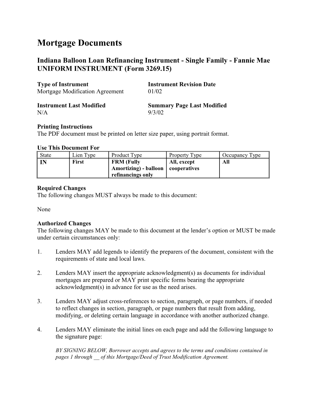 Summary: Indiana Balloon Loan Refinancing Instrument