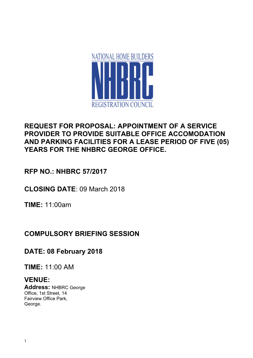 Request for Proposal: Appointment of a Service Provider to Provide Suitable Office Accomodation