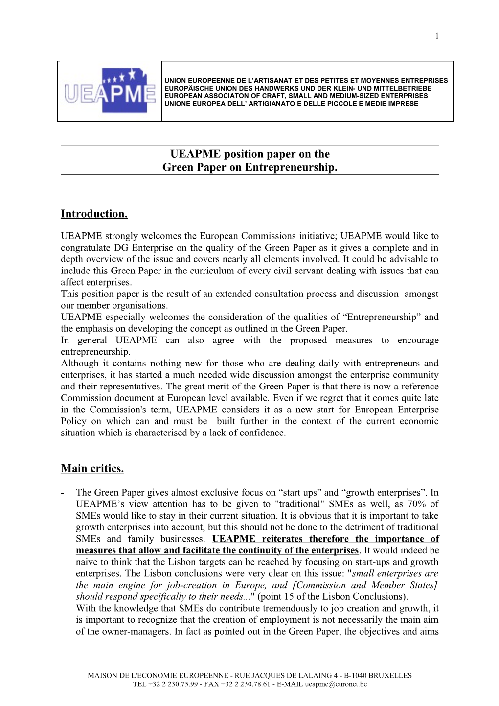 UEAPME Position Paper on The