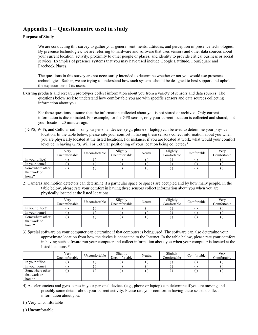 Appendix 1 Questionnaire Used in Study