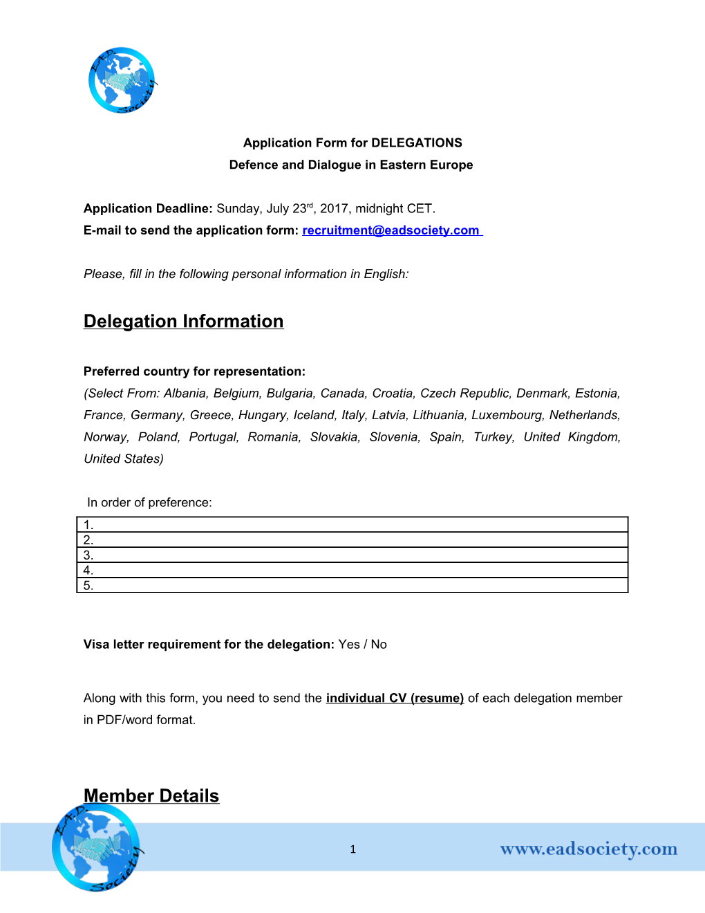 Application Form for DELEGATIONS