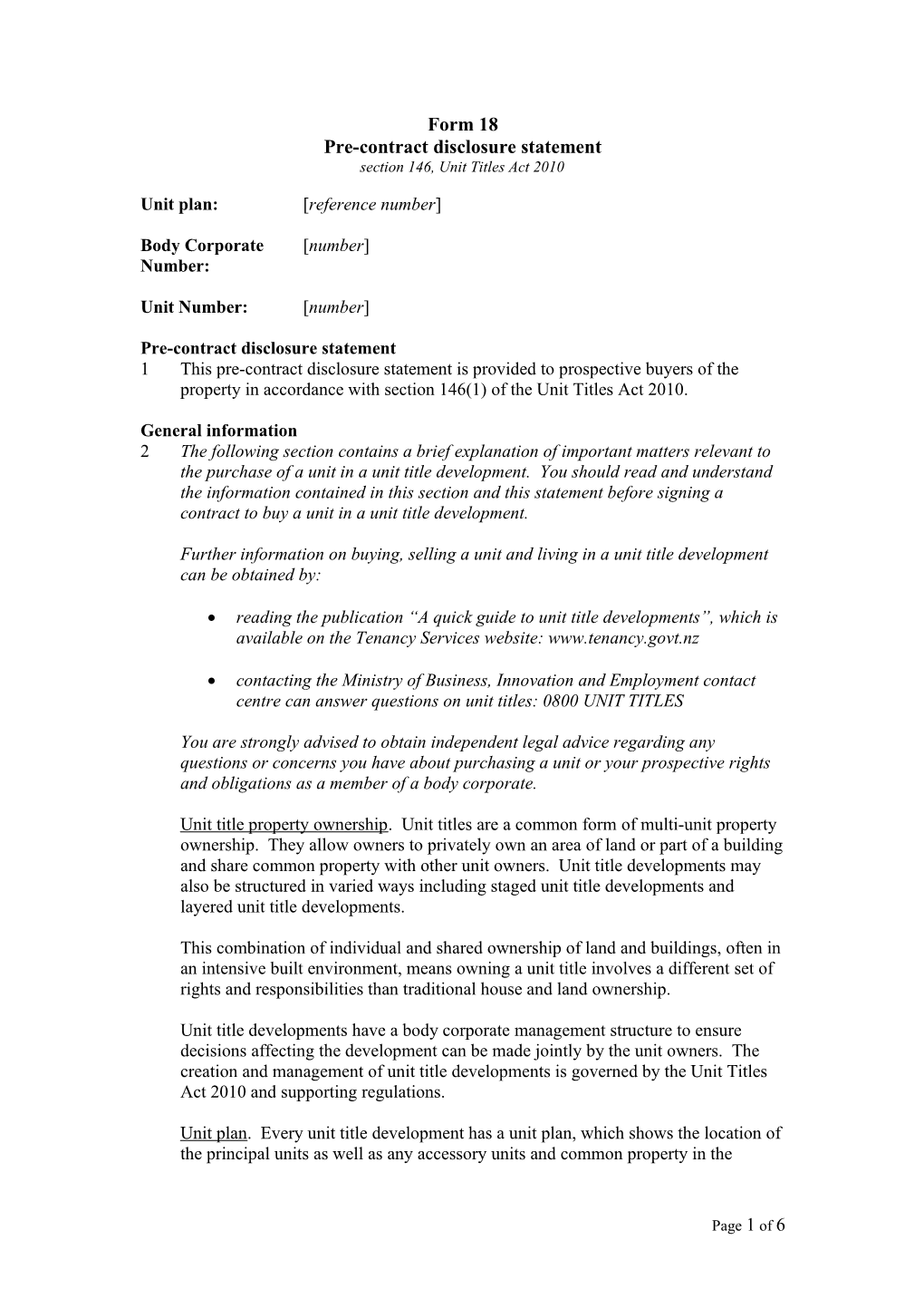 Unit Titles Act Form 18 Pre-Contract Disclosure Statement