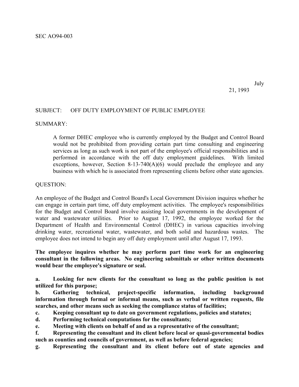 Subject: Off Duty Employment of Public Employee