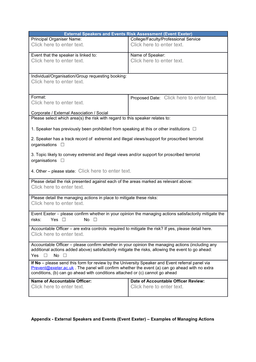 Appendix - External Speakers and Events (Event Exeter) Examples of Managing Actions