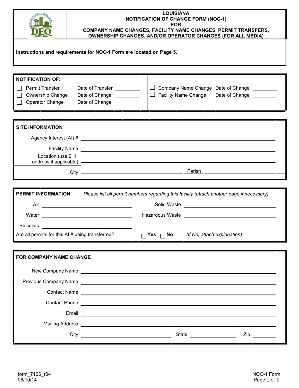 Notification of Change NOC-1 Form Requirements and Certification