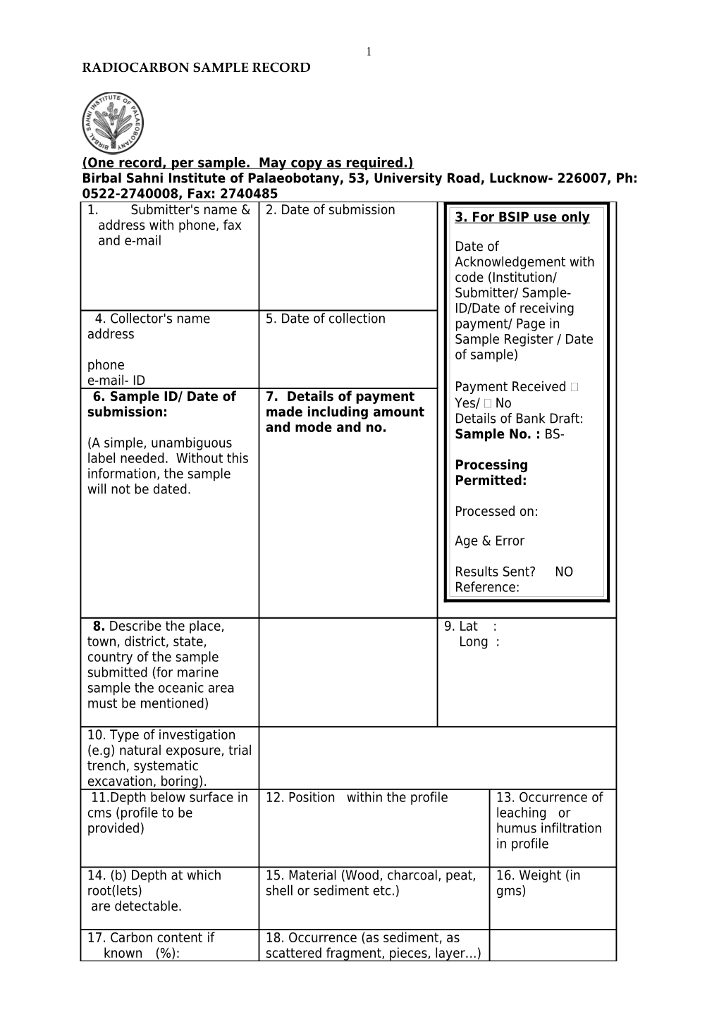 Radiocarbon Sample Record Sheet