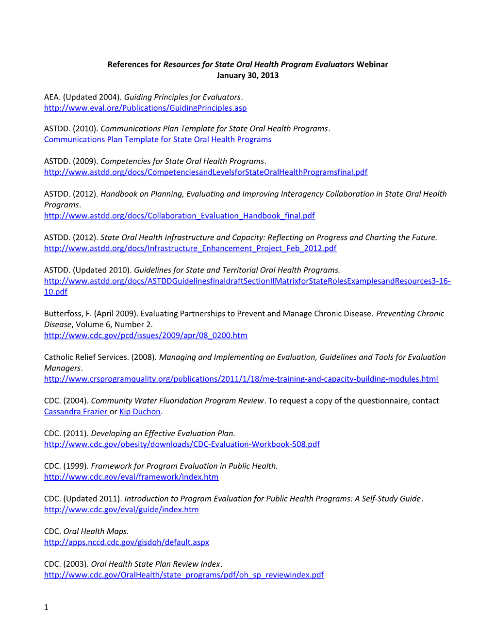 References for Resources for State Oral Health Program Evaluators Webinar