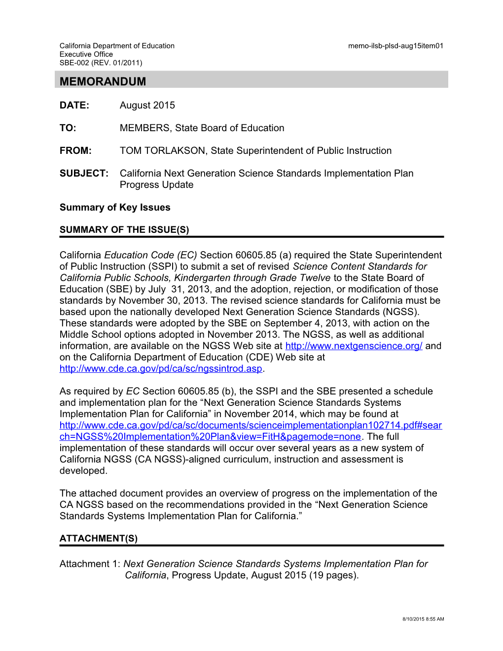 August 2015 Memo ILSB PLSD Item 01 - Information Memorandum (CA State Board of Education)