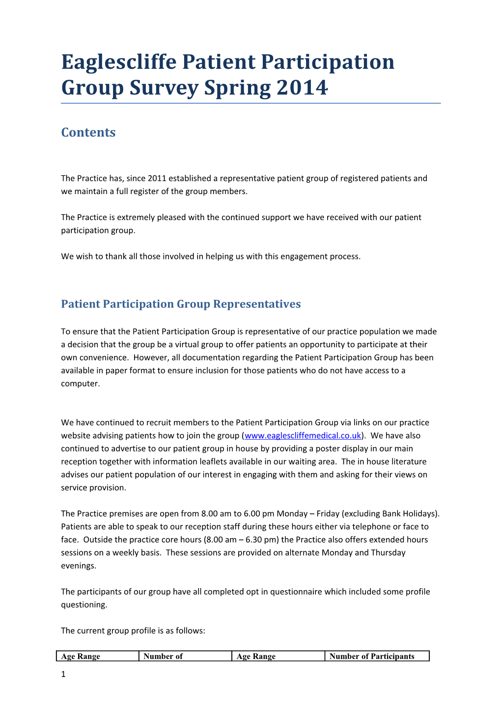 Eaglescliffe Patient Participation Group Survey Spring 2014