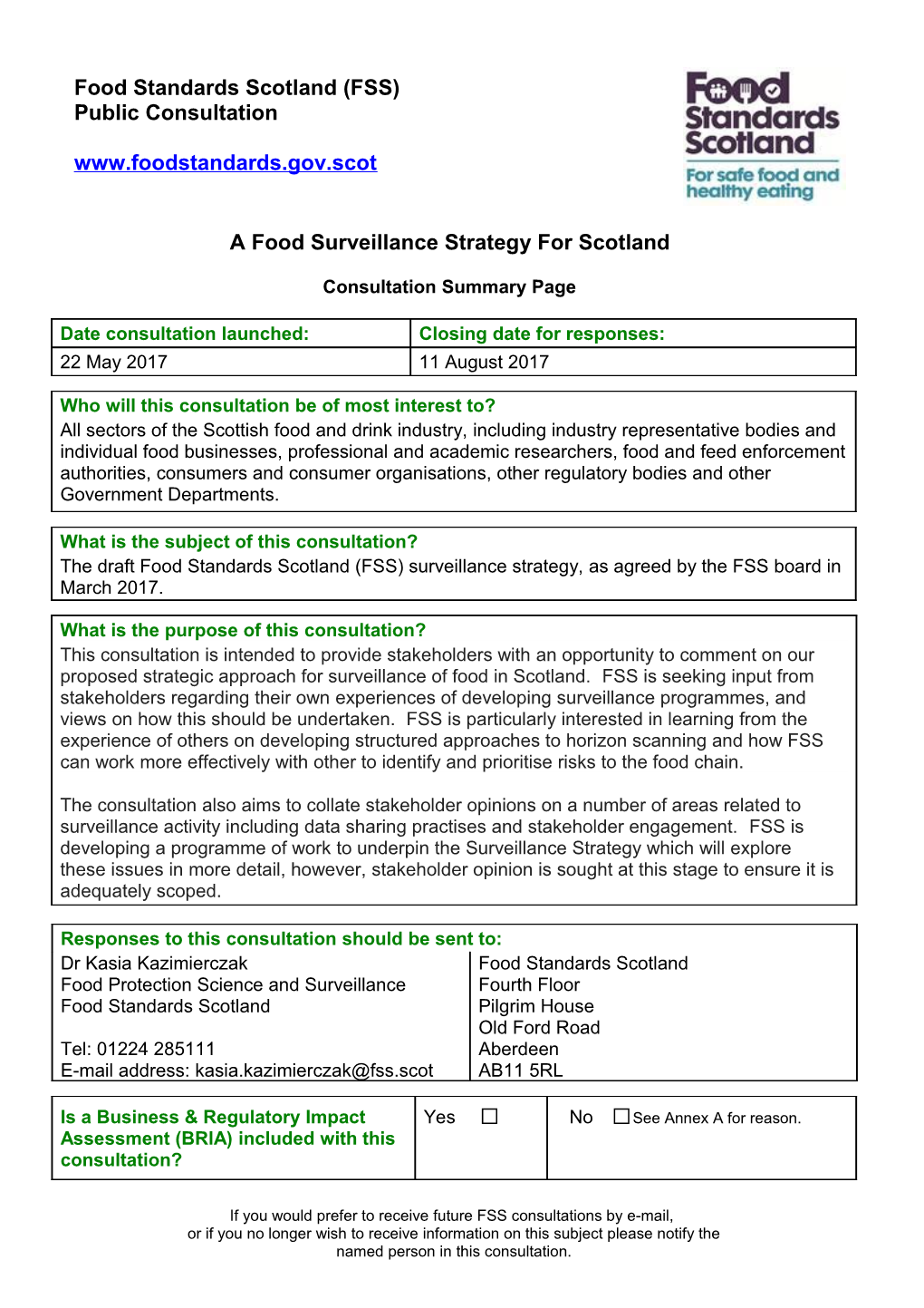 A Food Surveillance Strategy for Scotland
