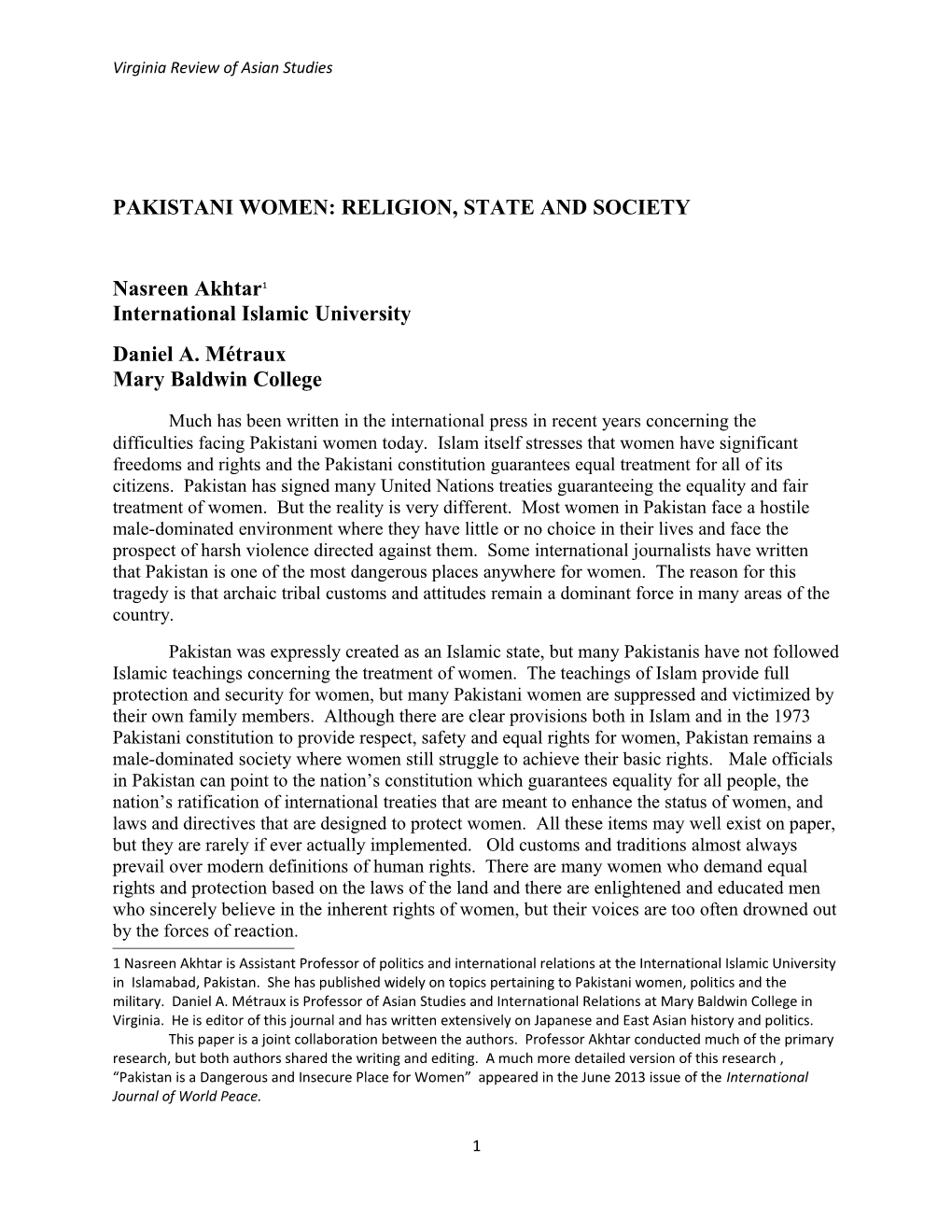 Pakistani Women: Religion, State and Society