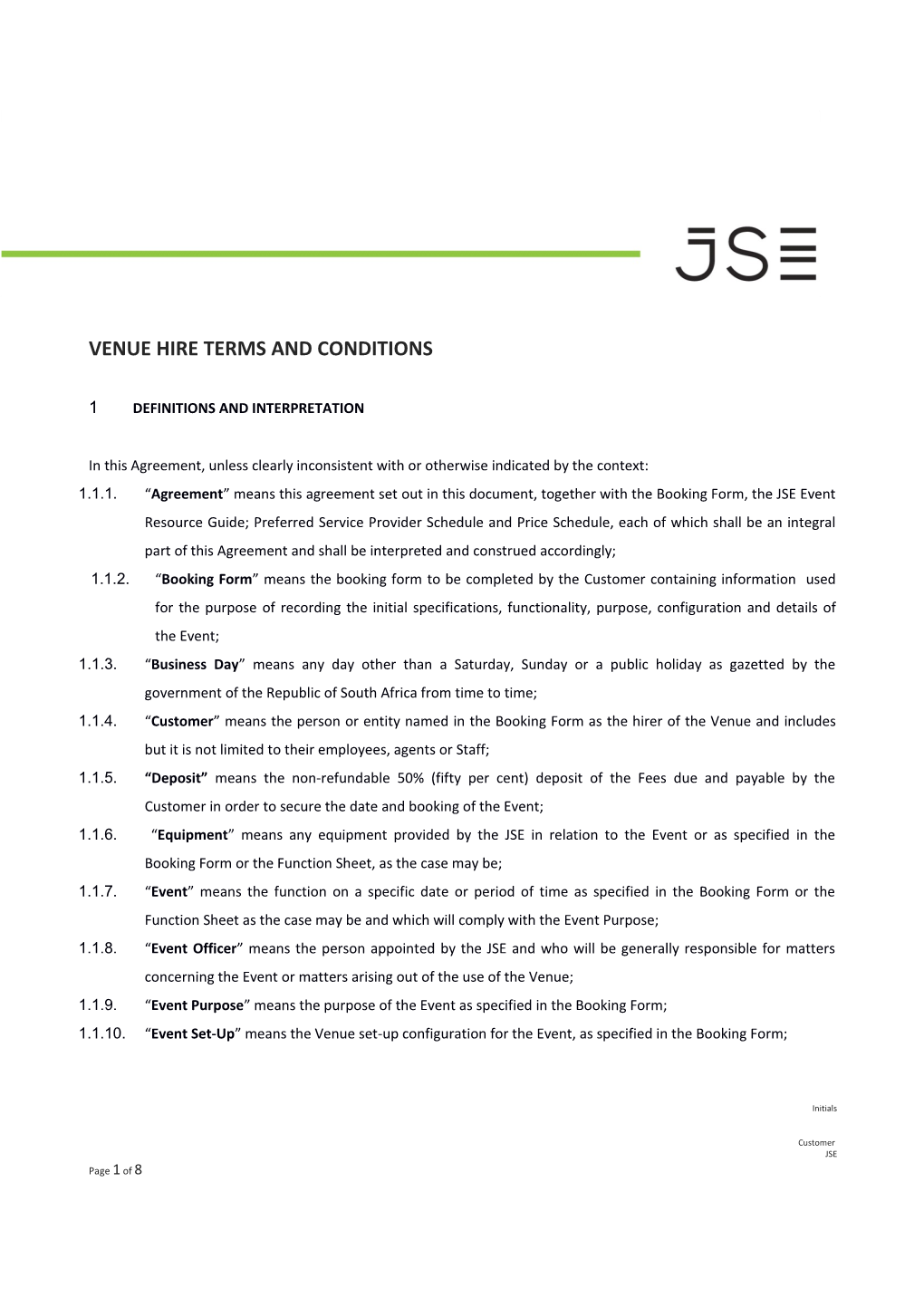 CT JSE Venue Hire Terms and Conditions