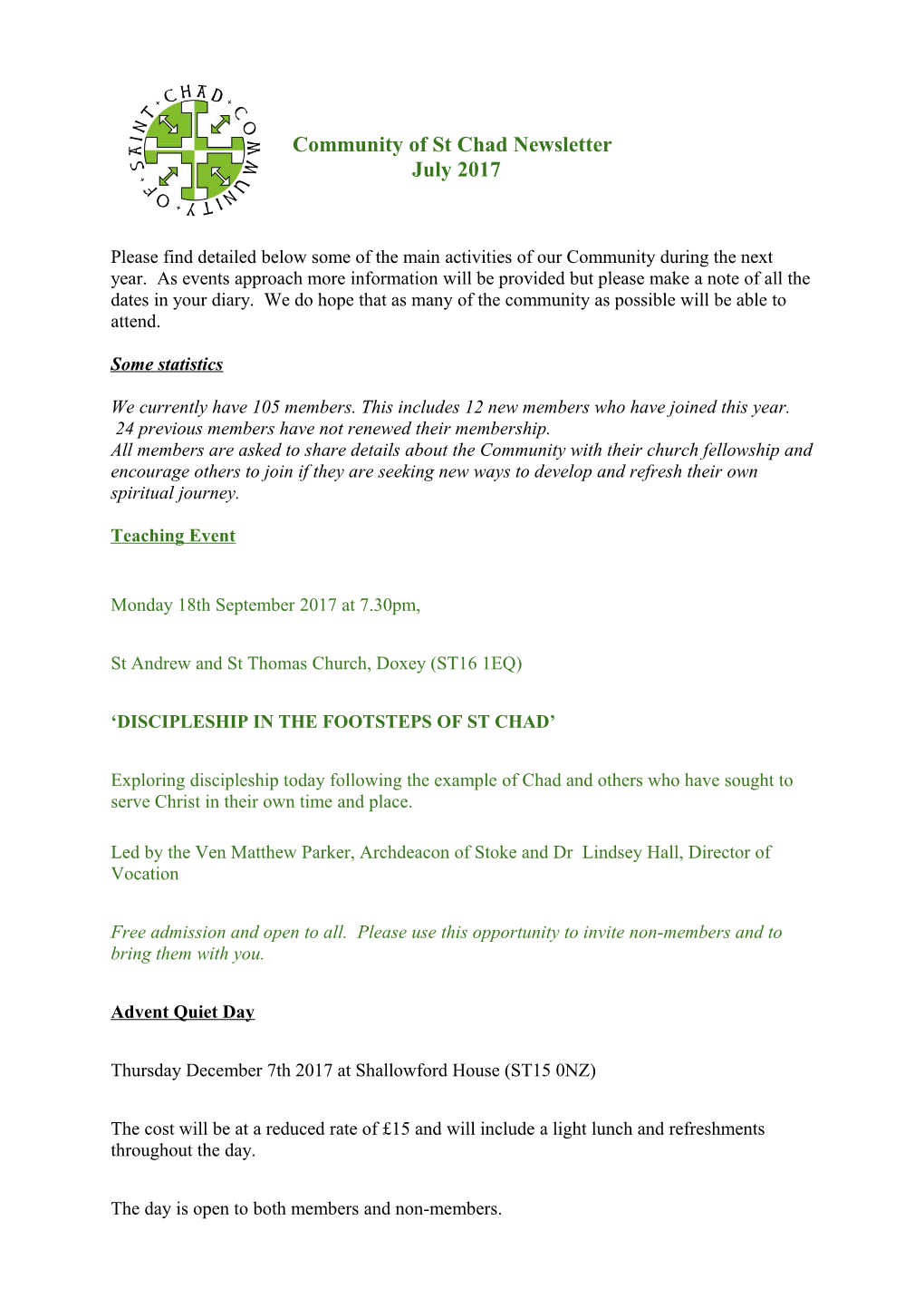 Community of St Chad Newsletter