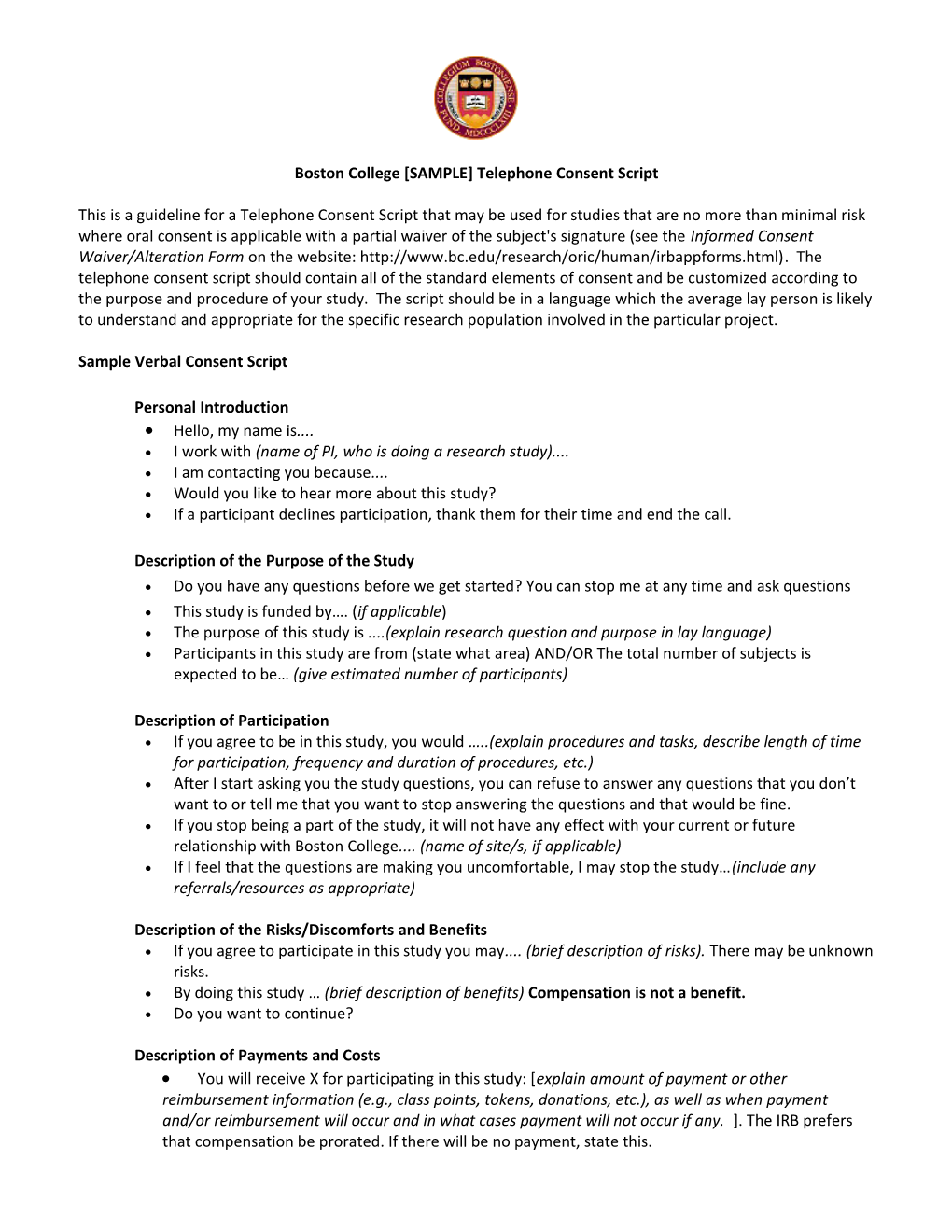 University of Southern Maine SAMPLE CONSENT FORM Format