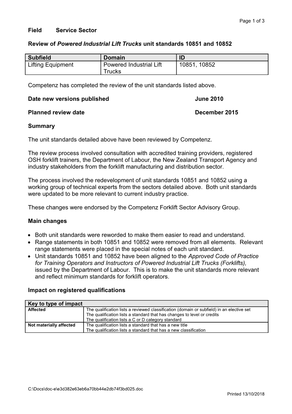 Review of Powered Industrial Lift Trucks Unit Standards 10851 and 10852