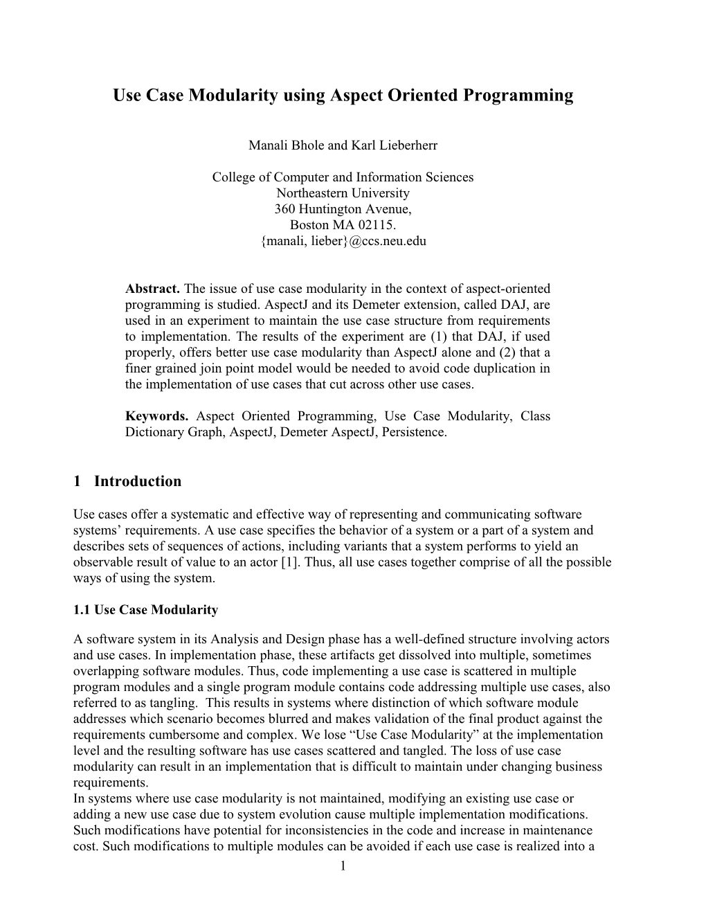 Use Case Modularity Using Aspect Oriented Programming