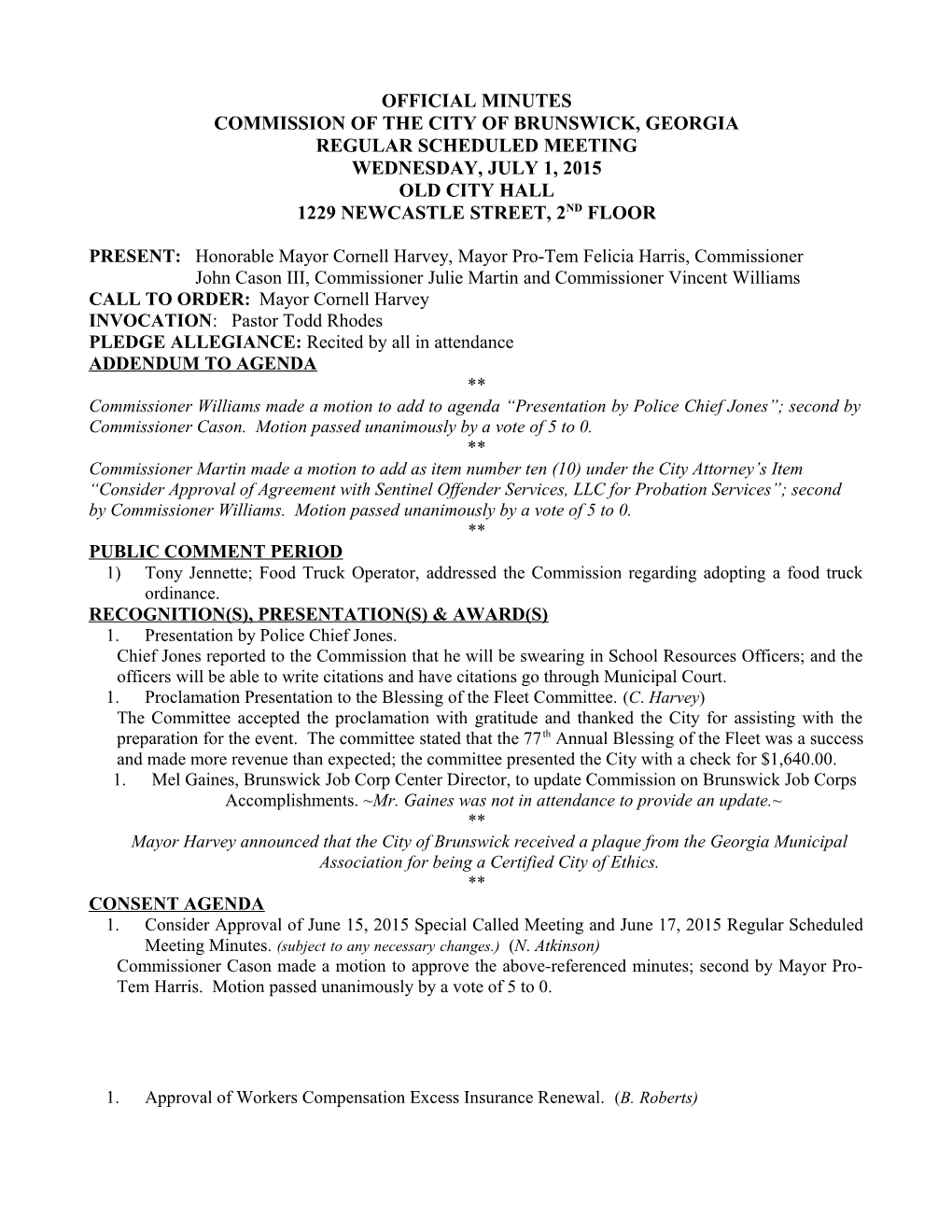 Official Minutes Commission of the City of Brunswick, Georgia Regular Scheduled Meeting