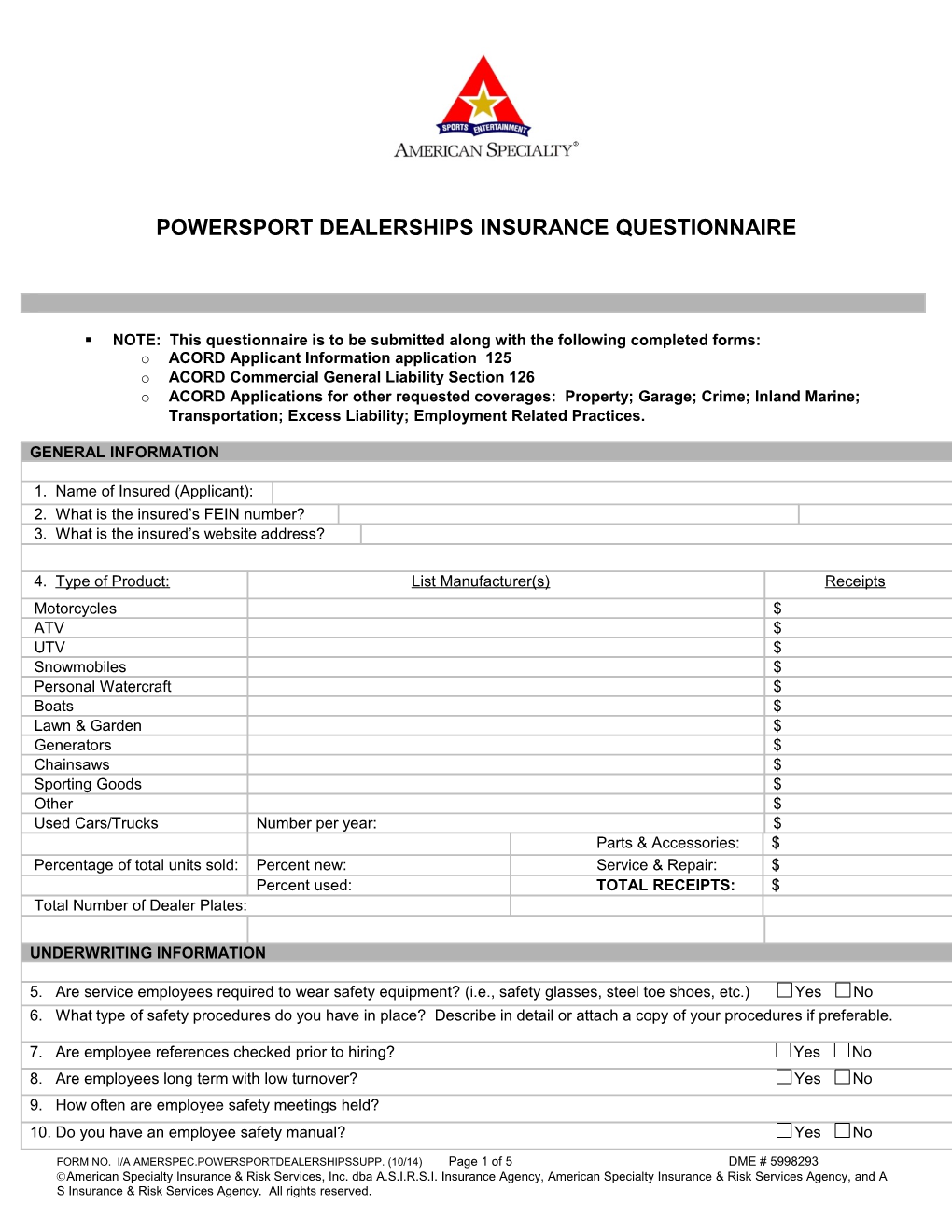 Powersport Dealerships Insurance Questionnaire