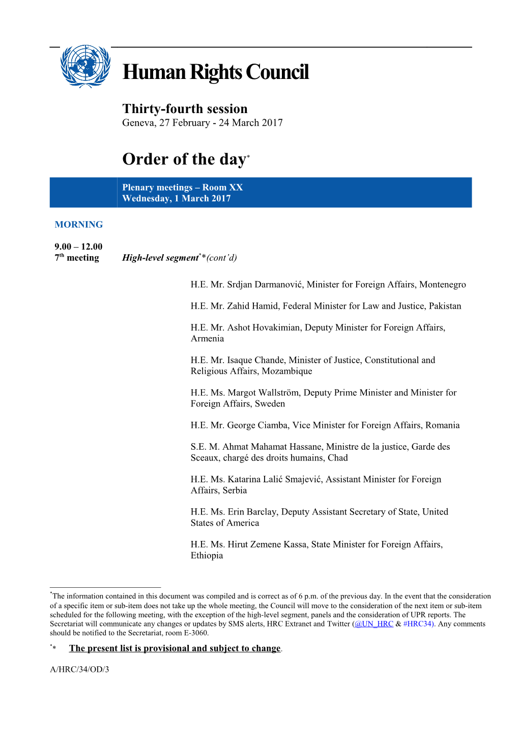 Order of the Day, Wednesday 1 March 2017