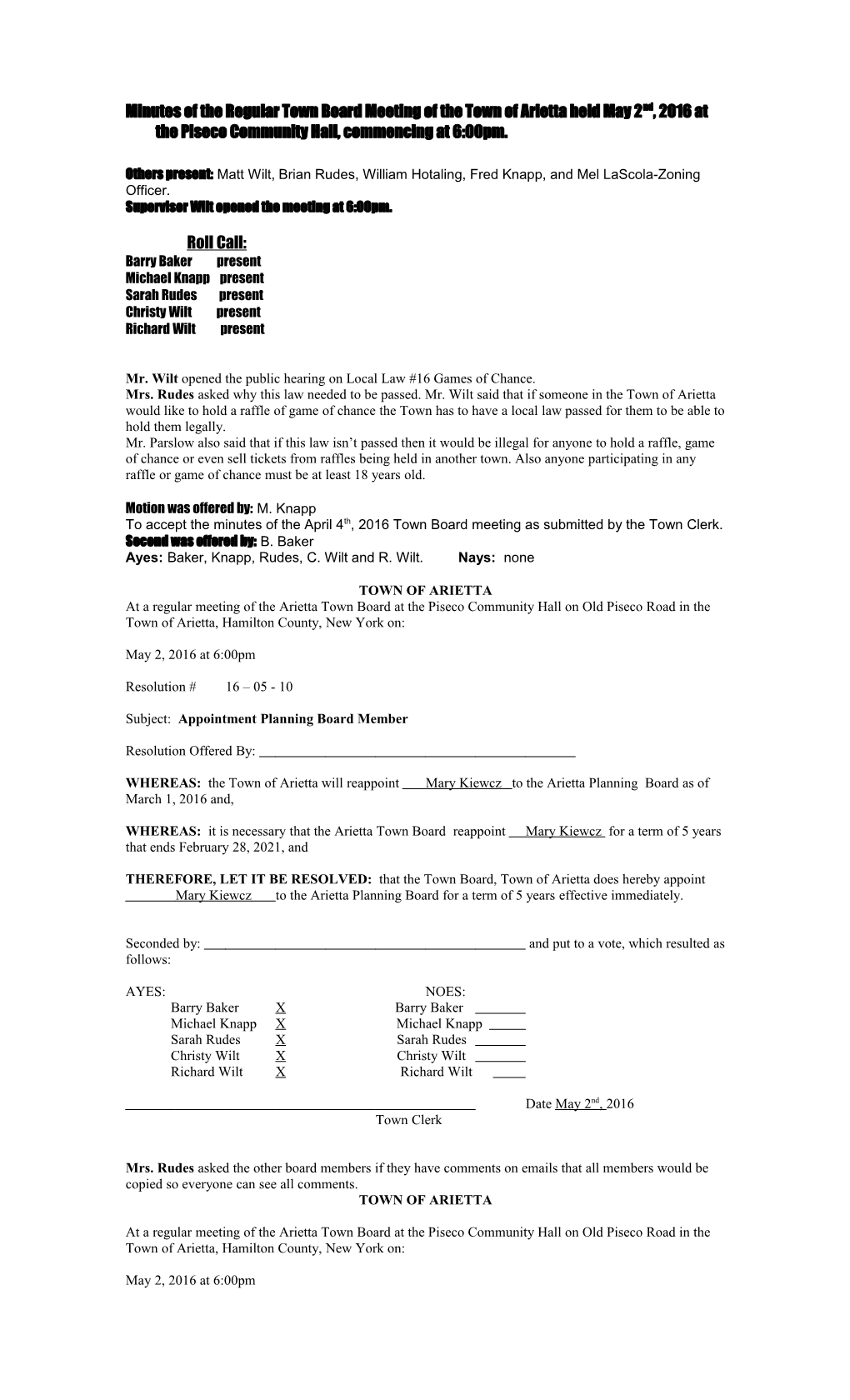 Minutes of the Regular Town Board Meeting of the Town of Arietta for the Month of May 3