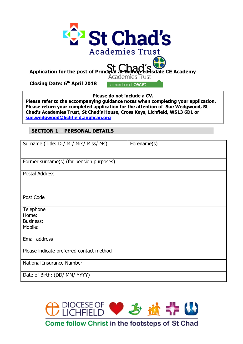 Application for the Post of Principal at Bishop Lonsdale CE Academy