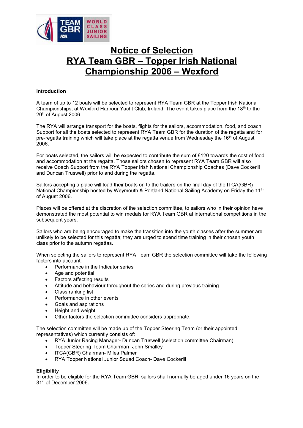 RYA Team GBR Topper Irish National Championship2006 Wexford