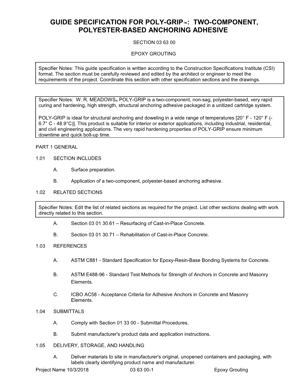 Guide Specification for Poly-Grip : Two-Component, Polyester-Based Anchoring Adhesive