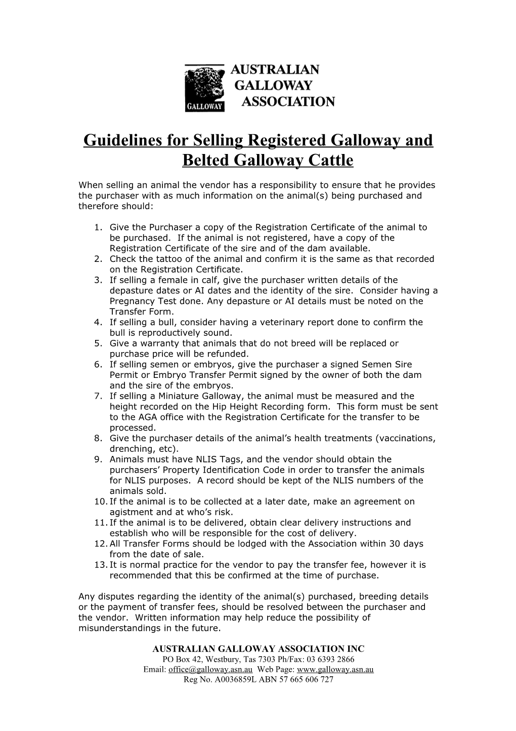 Guidelines for Selling Registered Galloway and Belted Galloway Cattle