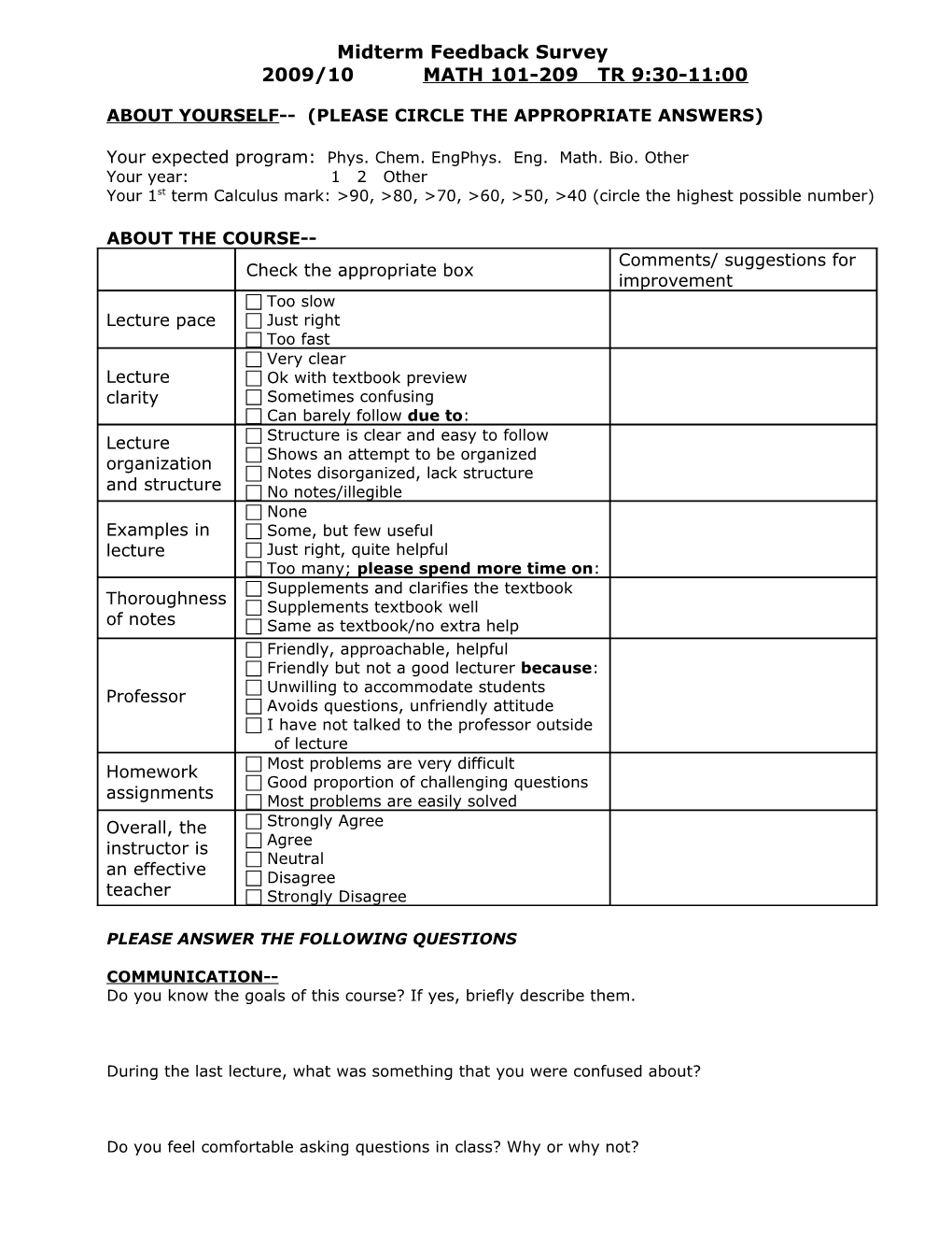 Physics and Astronomy Courses Midterm Feedback Survey