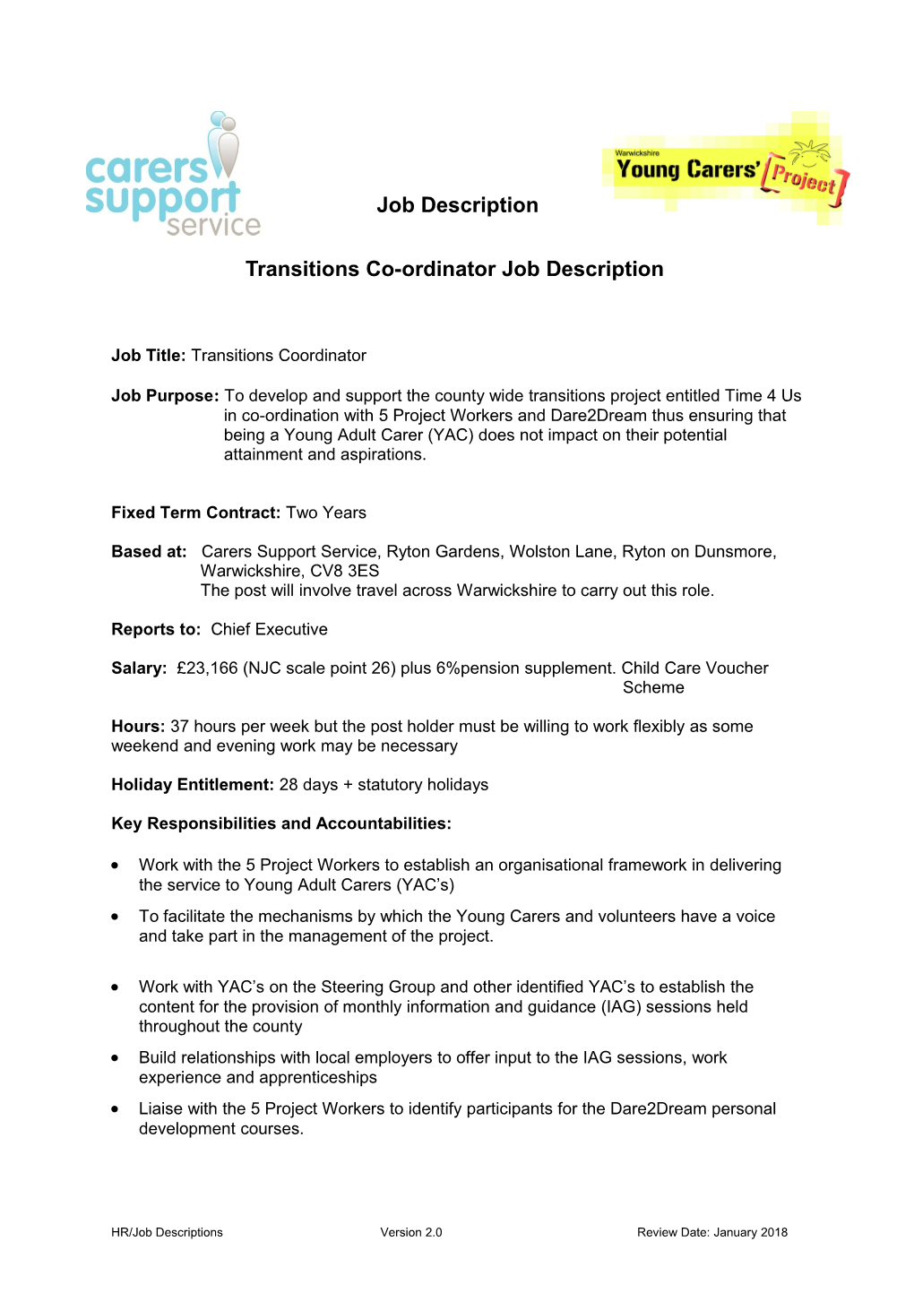 Transitions Co-Ordinator Job Description