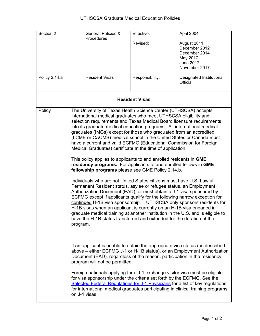 UTHSCSA Graduate Medical Education Policies