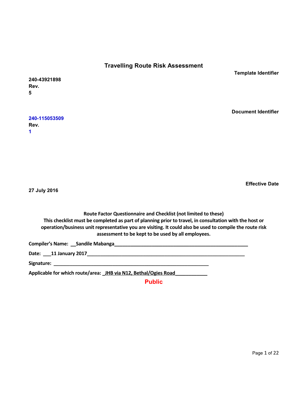 Route Factor Questionnaire and Checklist(Not Limited to These)